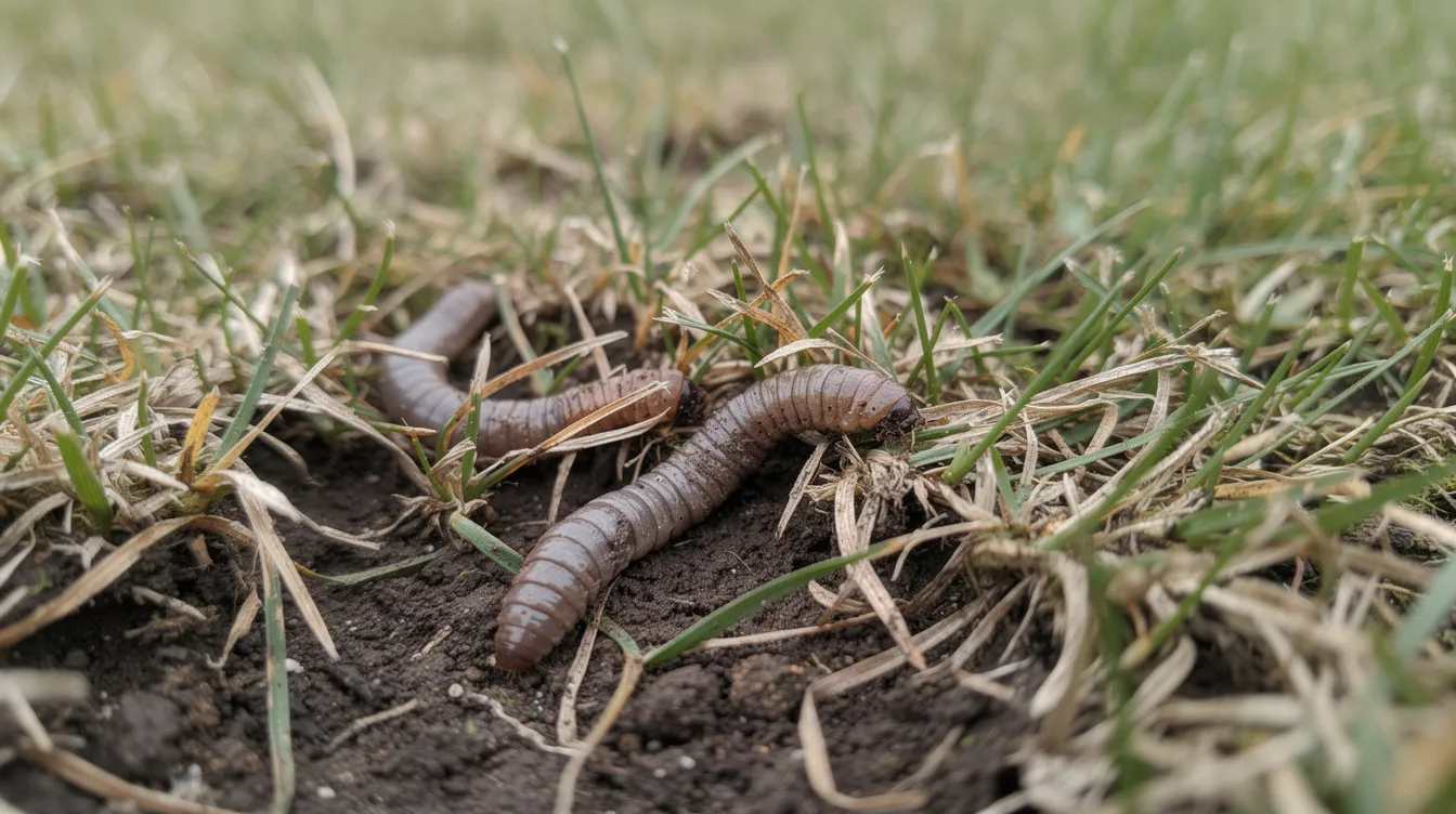 The image depicts a UK lawn affected by leatherjackets and chafer grubs, showing signs of dying grass and yellow patches where the larvae have been eating the roots. In the background, you can see a small section of turf that appears damaged, indicating significant pest activity.