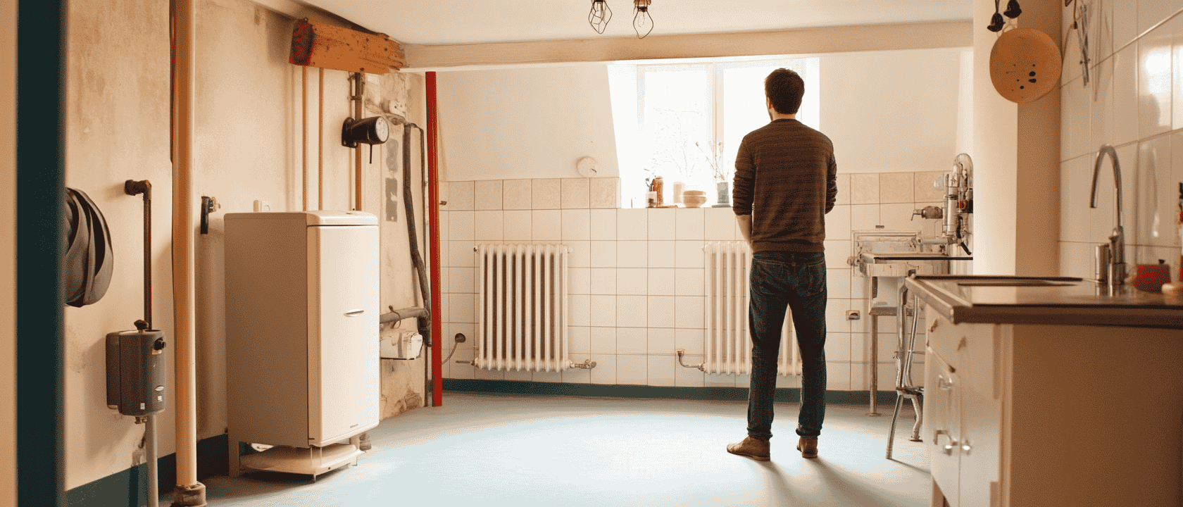 A heating engineer inspecting a boiler system with hot water working but not central heating.