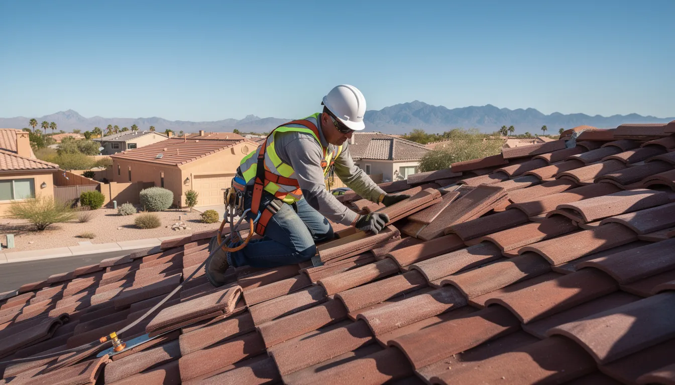 A professional roofer in safety gear is diligently working on a clay tile roof under the bright Arizona sunshine, showcasing his expertise in roofing services for residential roofing projects. The scene highlights the essential work involved in roof repair and installation, ensuring durability and quality for homeowners.