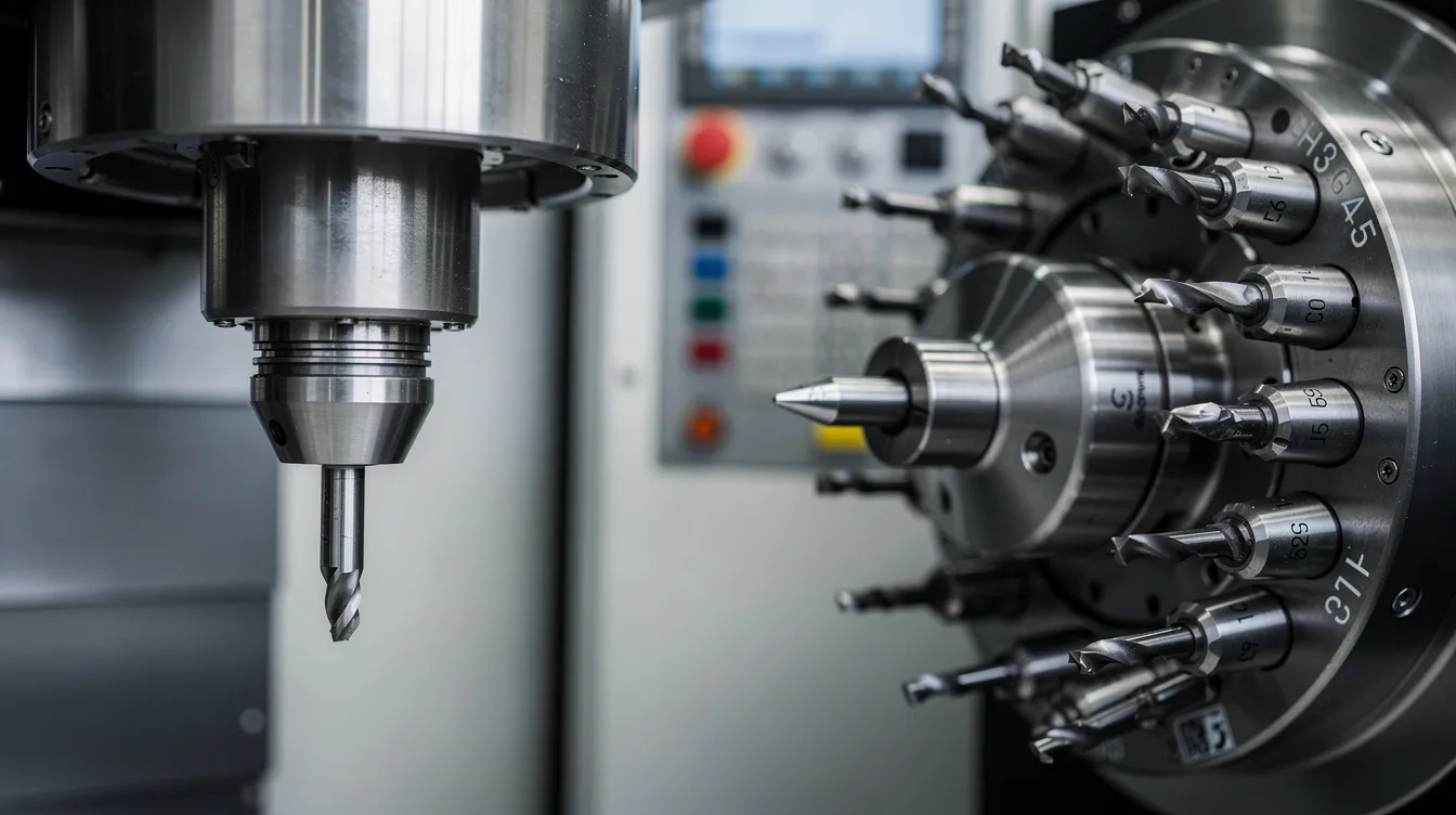 A close-up view of an industrial CNC machine spindle features an automatic tool changer carousel with multiple tool holders, showcasing the precision and efficiency of CNC technology in production environments. This setup highlights the capabilities of high-speed spindles designed for intricate designs and detailed carvings in various materials.