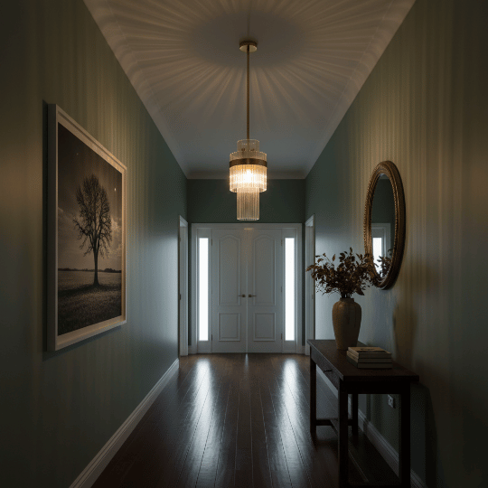 Hallway pendant lighting ideas featuring a tiered glass pendant in a tall entry hallway.