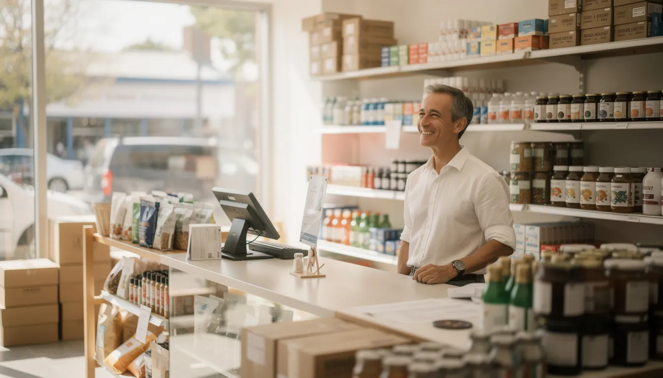 A confident retail merchant stands behind the counter of a well-organized storefront, looking glad and fill with a lot of optimism after securing business funding in the country. The store is brightly lit and showcases neatly stocked shelves, reflecting a sense of stability and growth, indicative of a successful small business ready for the future.