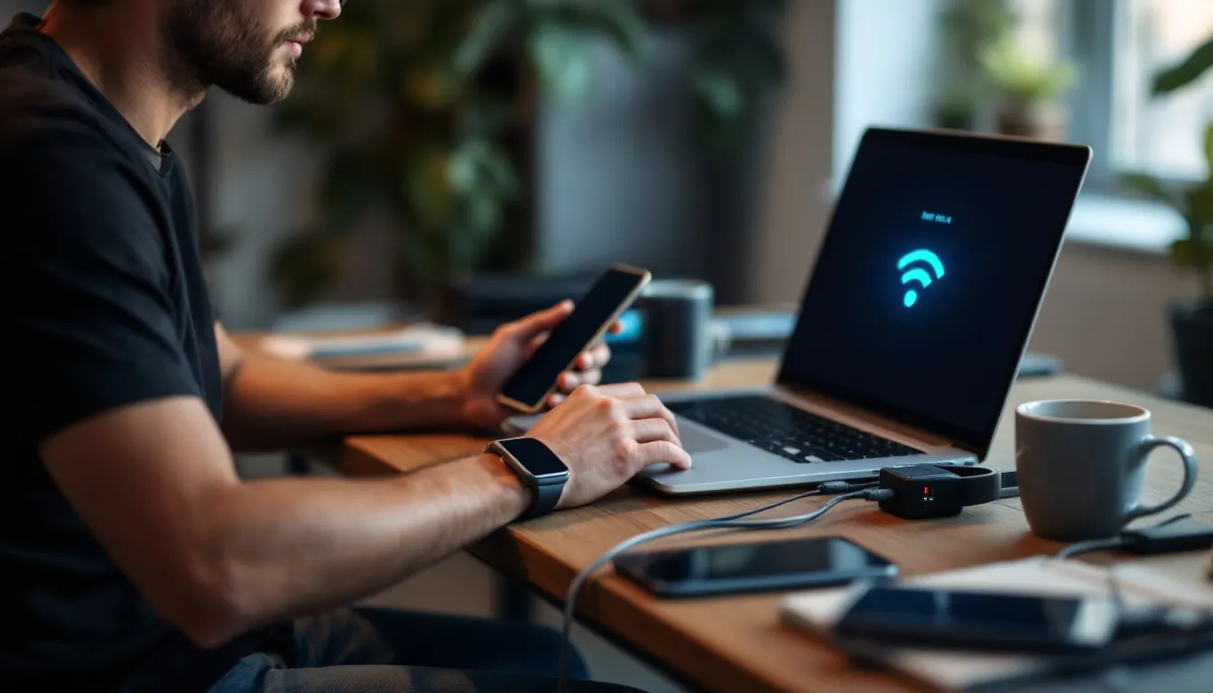 A person is sitting at a desk, intently checking the network status on their computer while several devices, including phones and tablets, charge nearby. This scene reflects the reliance of Verizon customers on wireless service, especially during service outages and disruptions.