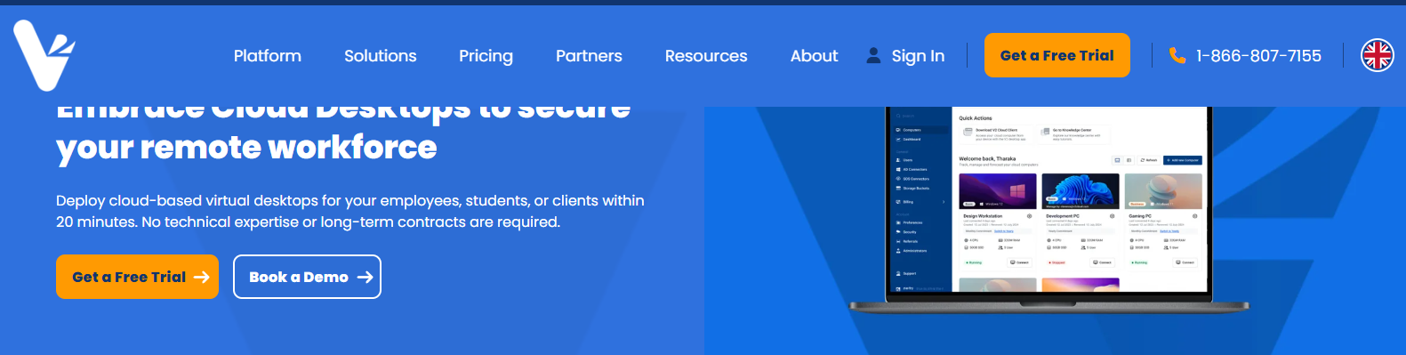 V2 Cloud platform providing secure cloud desktops and easy-to-manage VDI solutions for remote and hybrid workforces.