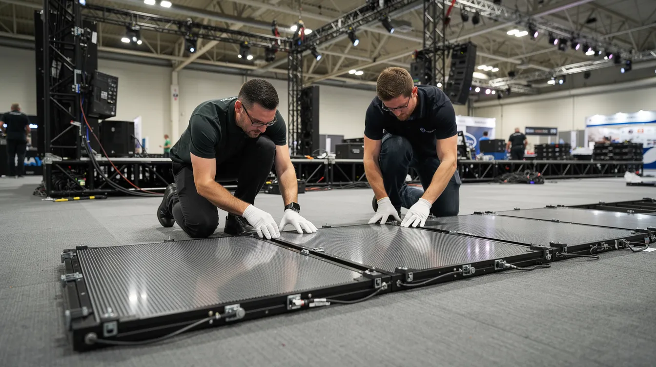 Technicians in gloves are assembling modular LED panel tiles together in a convention hall, preparing for a trade show booth featuring eye-catching visuals and interactive displays. The setup showcases the latest technology in LED video walls, enhancing the visual impact for attendees at the next event.