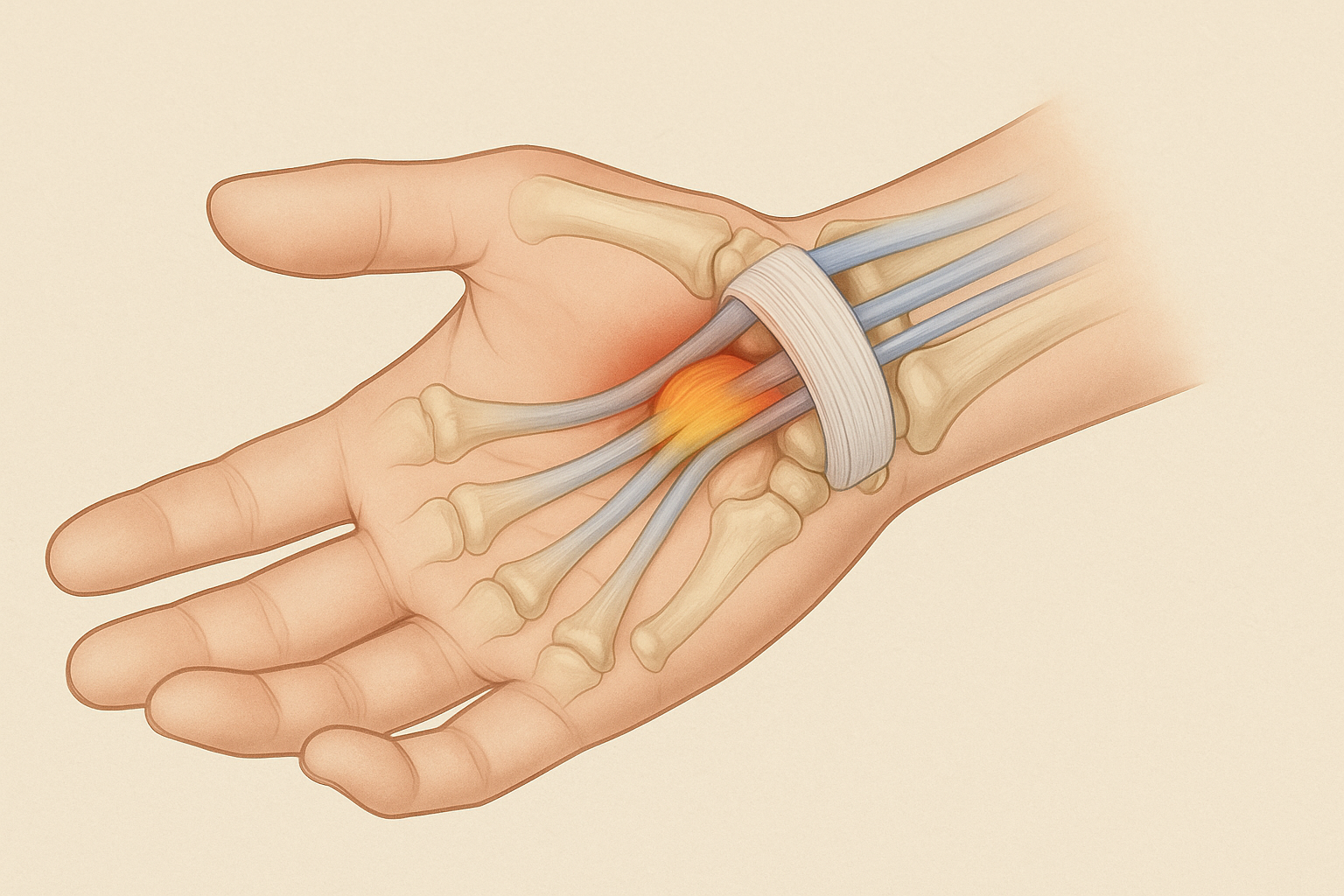 Medisinsk illustrasjon som viser trykk på mediannerven i håndleddet ved karpaltunnelsyndrom, med betennelse i nervekanalen.