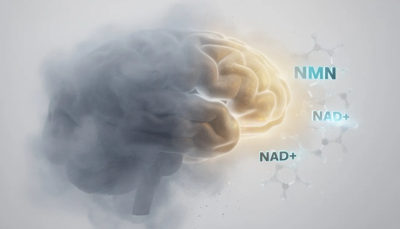 The illustration depicts a foggy brain gradually clearing up, with molecular structures representing NMN and NAD+ floating nearby, symbolizing the potential to enhance cognitive function and mental clarity. This visual represents the journey from experiencing brain fog symptoms to improved cognitive health through healthy habits and lifestyle factors.