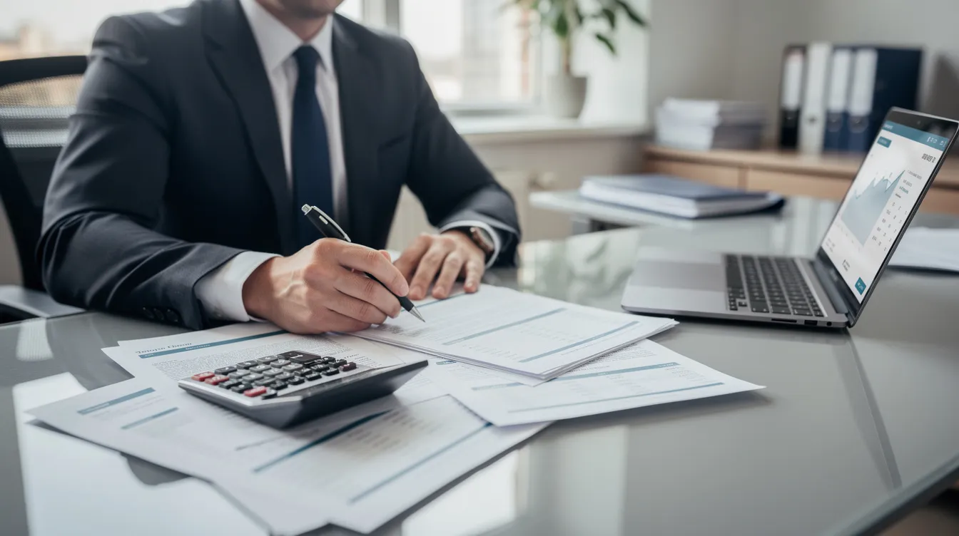 d354033d fbc8 4b5c b266 cbfdbb398d1c A bank officer is seated at a desk, carefully reviewing financial documents while using a calculator and a laptop. The scene suggests a focus on preparing a detailed project report or business plan, potentially for a mudra loan application or business loan approval process.