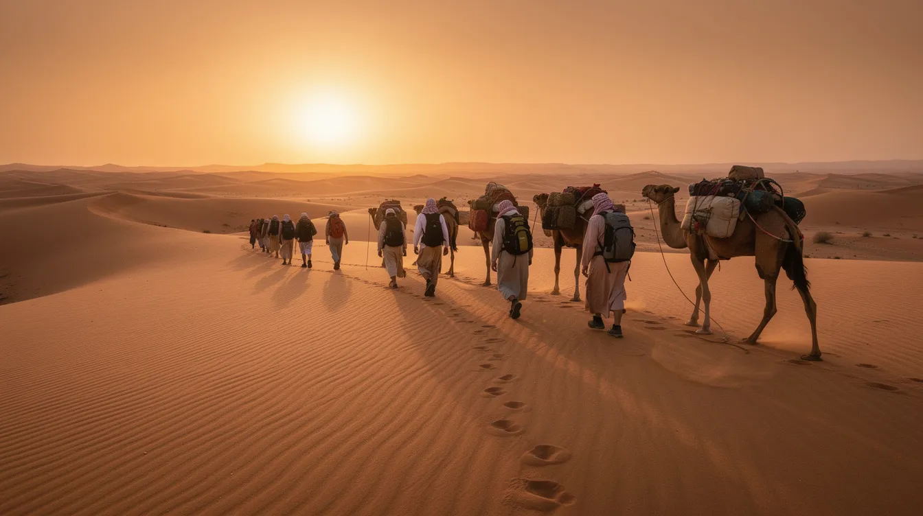 Travelers stroll across the golden sand dunes of the Sahara Desert at sunset, with camels nearby, capturing the essence of an unforgettable journey in North Africa. This scene highlights the stunning landscapes and rich culture that await those who visit Morocco.