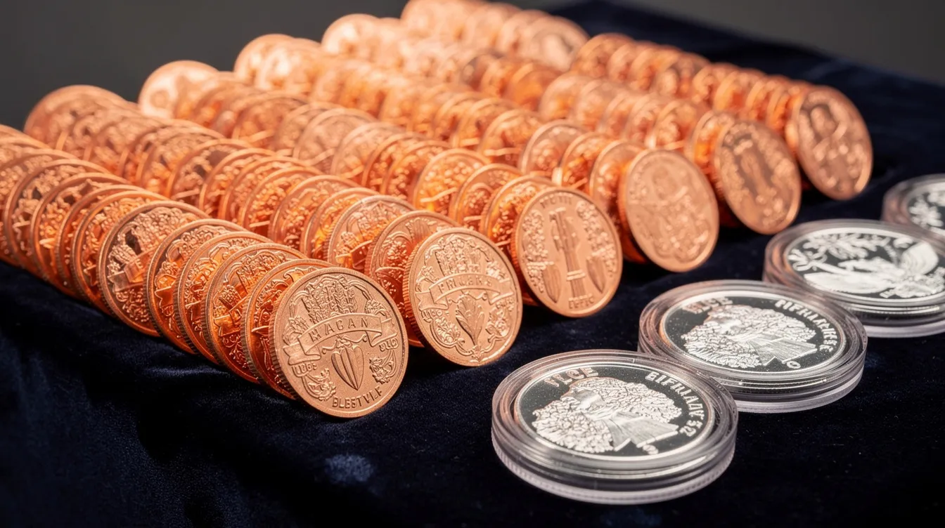 Copper rounds with intricate designs displayed beside encapsulated silver coins