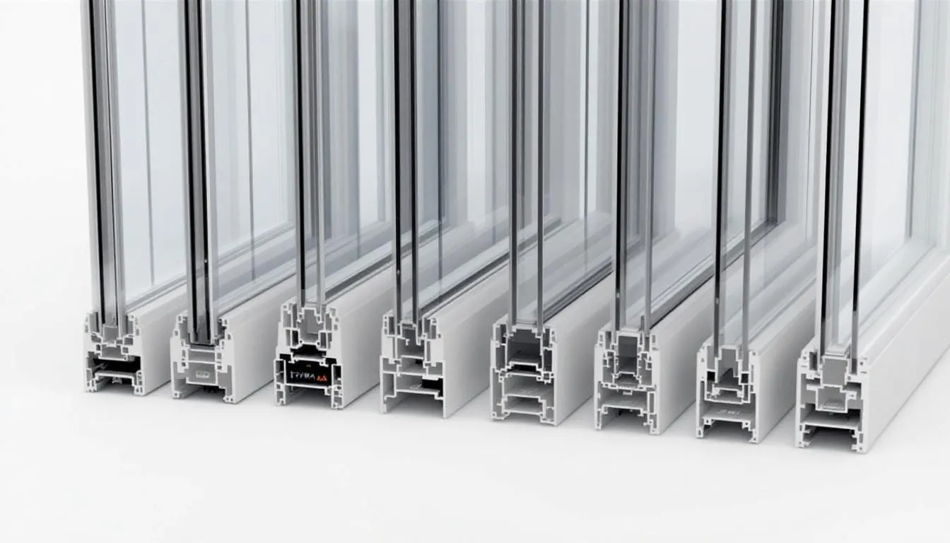 De afbeelding toont een vergelijking van verschillende Aluprof frameprofielen met toenemende dieptes en thermische prestaties. Elk profiel illustreert de uitstekende thermische isolatie en energie-efficiëntie die deze hoogwaardige aluminium kozijnen bieden.