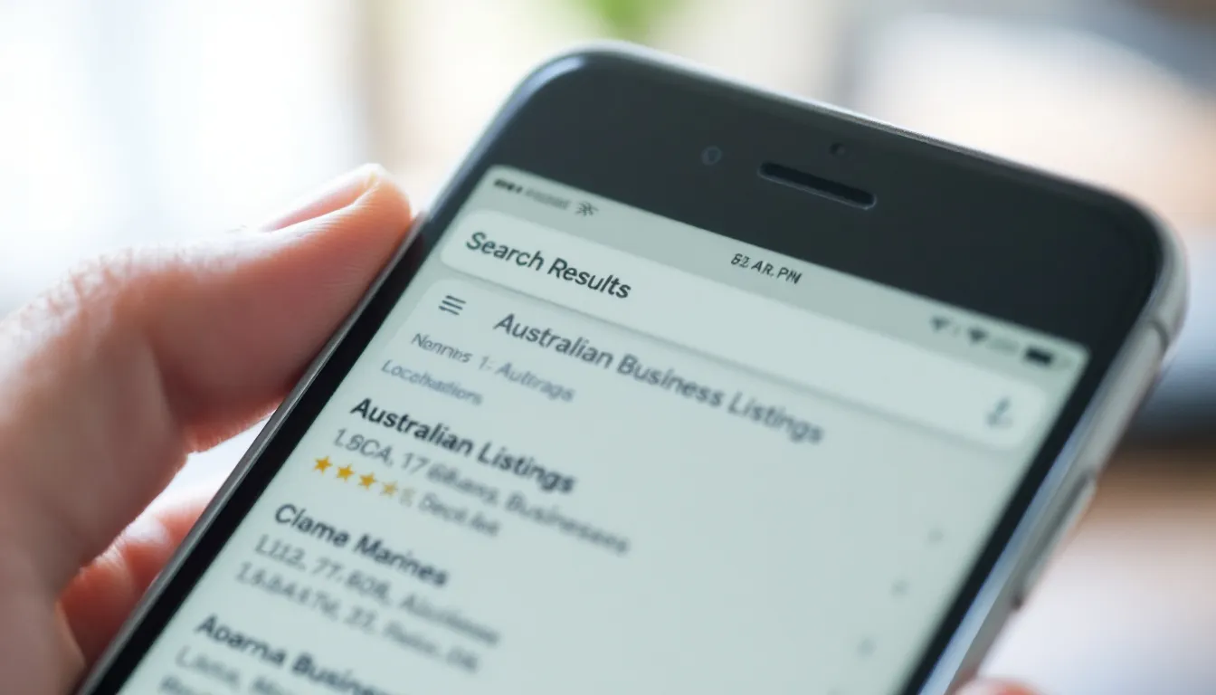A mobile phone screen shows search engine results pages featuring Australian business listings, highlighting various local SEO strategies and search engine optimisation techniques aimed at enhancing online visibility and attracting potential customers. A mobile phone screen shows search engine results pages featuring Australian business listings, highlighting various local SEO strategies and search engine optimisation techniques aimed at enhancing online visibility and attracting potential customers.