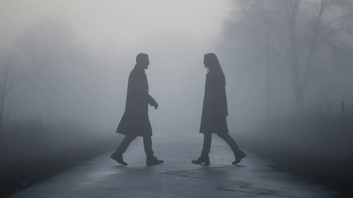 The image depicts two silhouettes walking in opposite directions along a foggy path, symbolizing the emotional distance often seen in anxious and avoidant relationships. This scene reflects the push-pull dynamic between partners with different attachment styles, highlighting the challenges of emotional intimacy and connection.