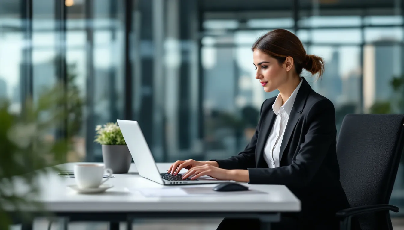 A professional is seated at a desk, focused on a laptop while completing a digital life insurance application. The scene reflects a commitment to providing clients with the right coverage options, such as term life insurance and whole life insurance, ensuring financial protection for their loved ones in the future.