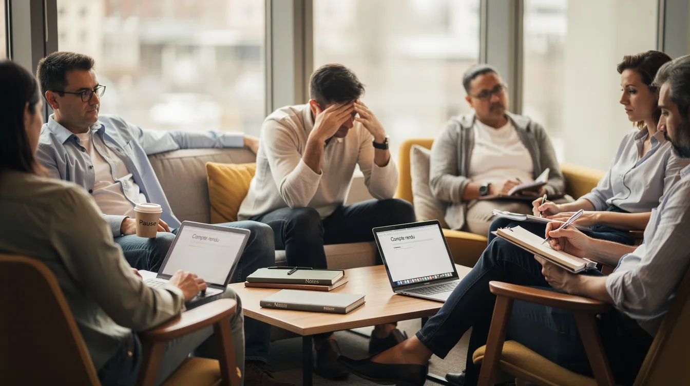 Un groupe de professionnels se réunit de manière informelle, certains affichant des signes de fatigue tandis que d'autres prennent des notes. Cette scène illustre l'importance de dépasser ses limites au travail tout en maintenant un équilibre entre vie professionnelle et bien-être.