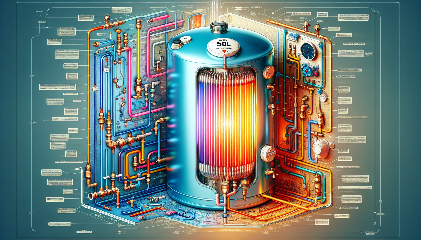 An illustration of a 50L hot water system showcasing its components.