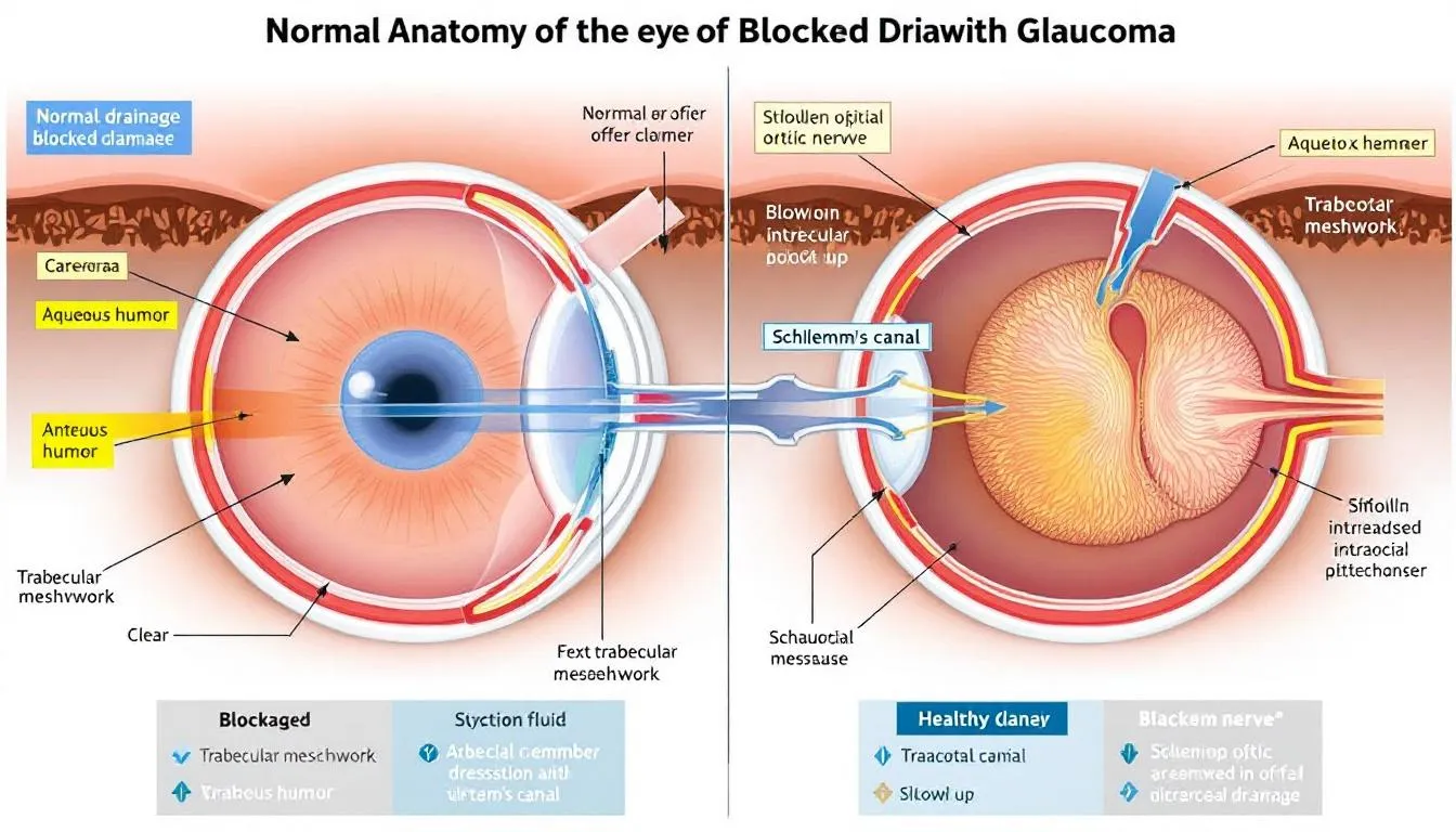 The diagram illustrates the contrast between normal eye anatomy and the blocked drainage associated with glaucoma, highlighting areas such as the drainage angle and optic nerve. It visually represents how increased intraocular pressure can lead to conditions like primary open angle glaucoma and secondary glaucoma, emphasizing the importance of proper drainage of aqueous humor for maintaining eye health.