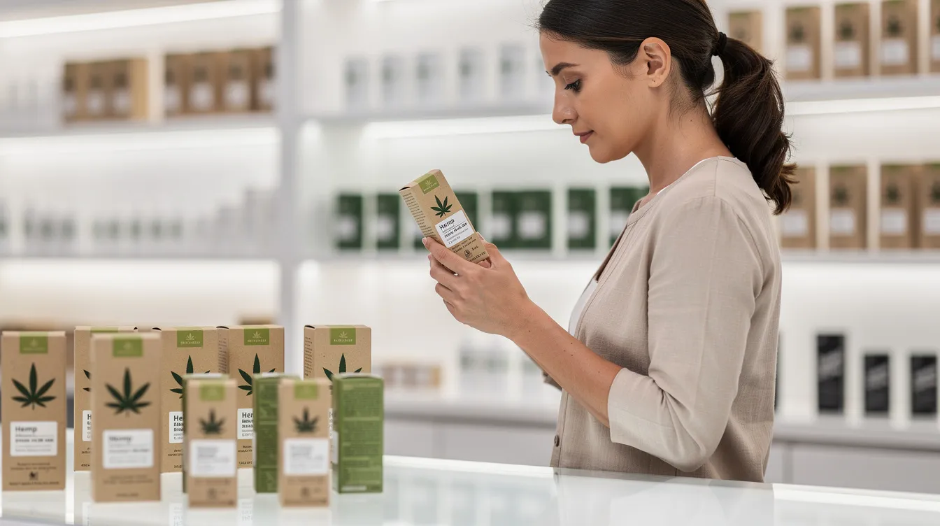 A person is intently examining product labels on hemp packaging at a retail counter, ensuring they understand the legal status and regulations surrounding hemp-derived products. The scene highlights the importance of being informed about cannabis laws and the implications of purchasing items like THCA flower in Illinois.