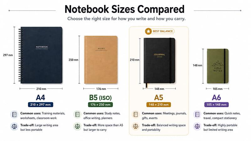 A4, B5, A5, and A6 notebook size comparison with standard dimensions