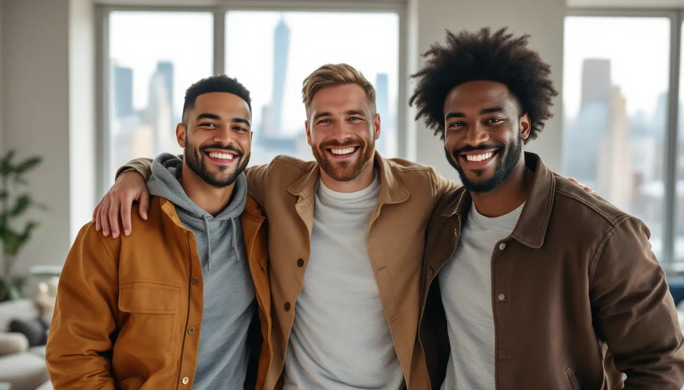 In a cozy apartment in downtown Manhattan, three gay partners—a Black man, an Asian man, and a Caucasian man—smile joyfully as they celebrate a milestone in their throuple relationship, with the iconic World Trade Center visible through the window. Their supportive bond reflects open and honest communication, showcasing the love and connection that thrives in their polyamorous relationship.