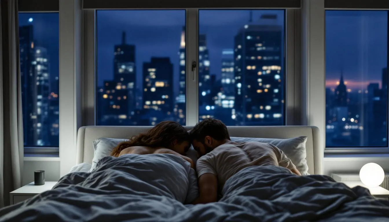 A straight couple in their 30s lies on opposite sides of a contemporary bed in a Manhattan apartment, with their backs turned to each other, reflecting subtle emotional tension on their faces. The city skyline is visible through large windows at night, hinting at the complexities of their relationship and the importance of emotional safety and honest communication in fostering secure attachments.