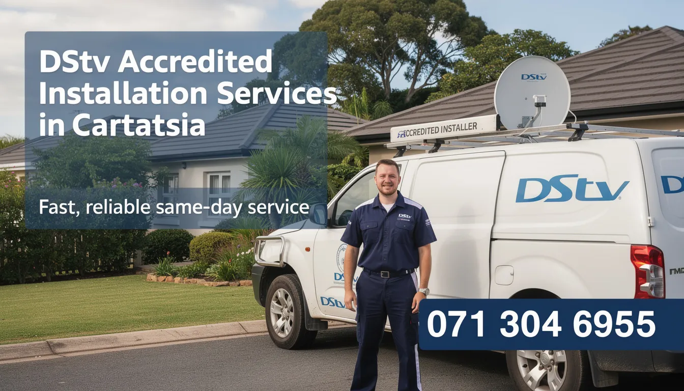 The image showcases a professional DStv installation service advertisement in Constantia, featuring the contact number 071 304 6955. It highlights accredited DStv installers who offer a range of services, including dish installation and repair, ensuring optimal signal reception for home entertainment.