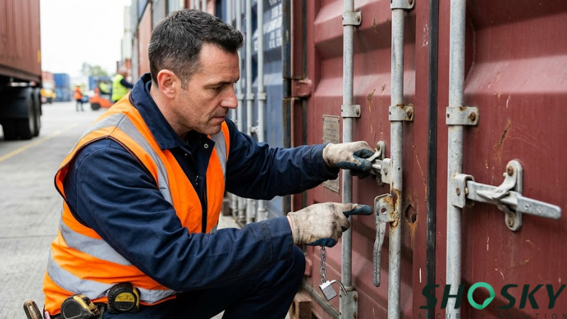Close-up of a professional assessing container latches at a freight terminal