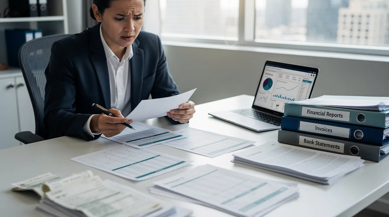A person is sitting at a desk, meticulously reviewing stacks of financial documents and bank statements, surrounded by notes on their financial状况. The scene reflects a focus on managing their 二線 清 數, with an emphasis on understanding their 還款 期 and potential貸款 申請 options.