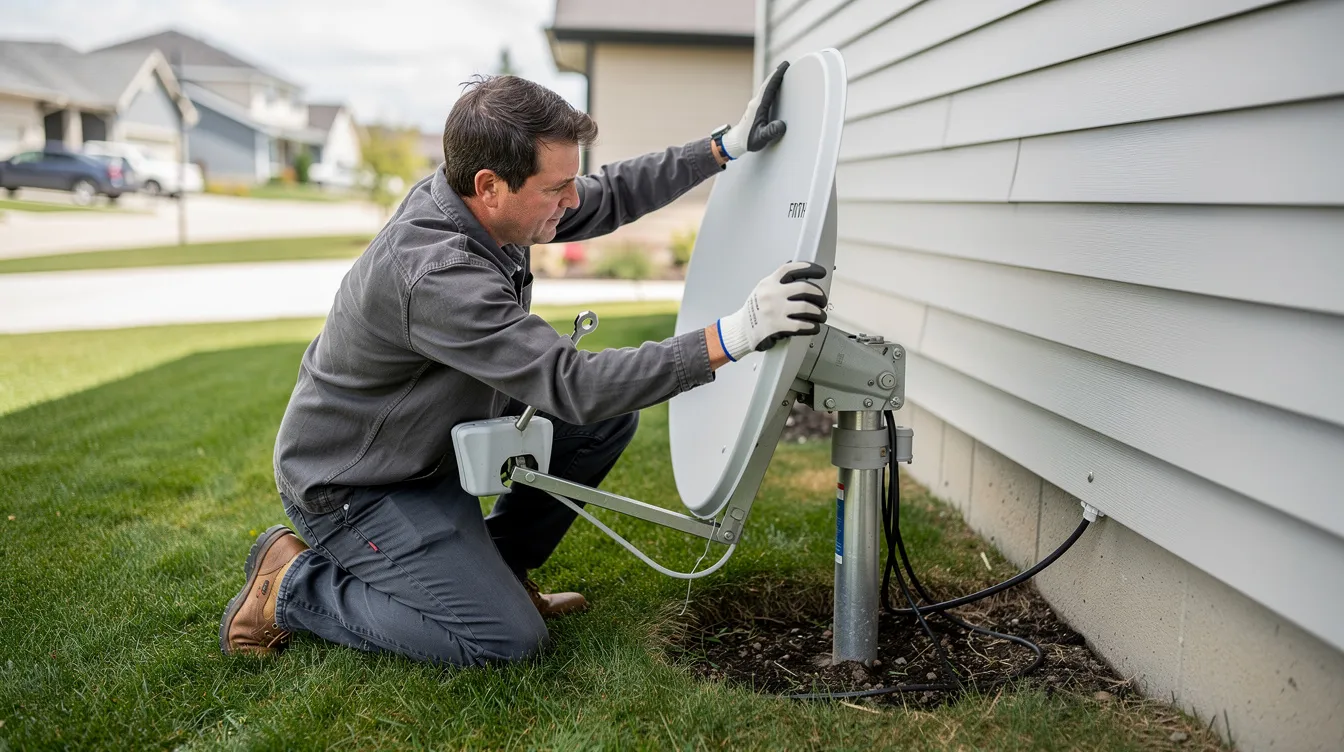 A person is carefully adjusting a satellite dish at ground level on a suburban home, ensuring its proper alignment to improve DSTV signal strength and prevent signal problems. The focus on achieving a perfectly aligned DSTV dish reflects the importance of signal quality for a crystal clear picture quality.