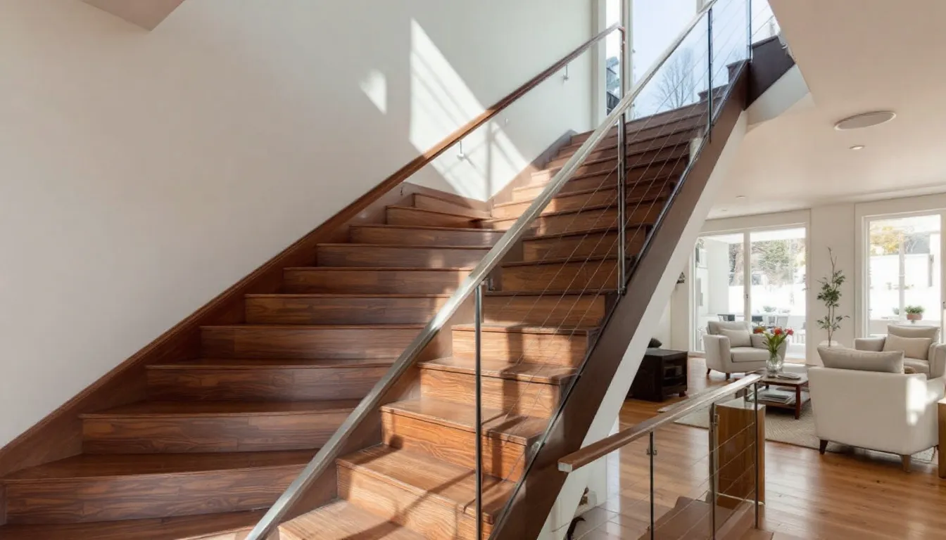 Un escalier en bois sur mesure, réalisé par un menuisier à Nantes, s'élève dans une maison nantaise, mettant en valeur le savoir-faire artisanal et l'esthétique du bois. Ce projet d'agencement intérieur témoigne de la qualité des travaux de menuiserie dans la Loire-Atlantique.