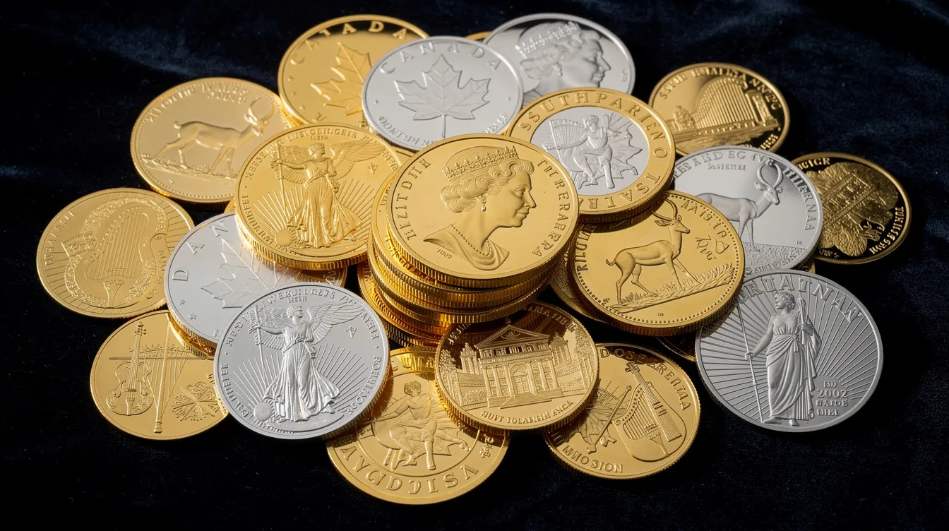 The image features an assortment of gold and silver bullion coins from various sovereign mints, showcasing popular options like Canadian Maple Leaf and American Eagle coins. This collection represents valuable physical precious metals, ideal for those interested in precious metals investing and diversifying their retirement portfolios.