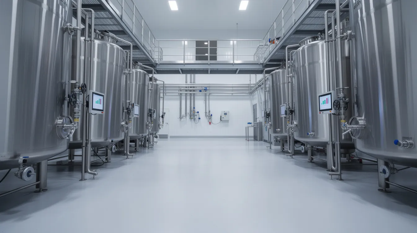d372d5c9 e978 4b38 8d32 38fd64deb62d The image depicts the interior of a modern dairy processing facility, featuring stainless steel tanks and intricate piping illuminated by bright industrial lighting. This setting is essential for the manufacturing process of ready to drink dairy beverages, ensuring quality control and operational efficiency in the beverage industry.