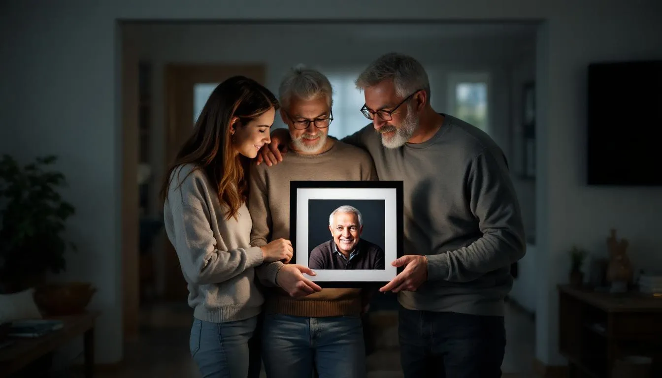Grieving family holding a framed photo of deceased loved one in Alabama.