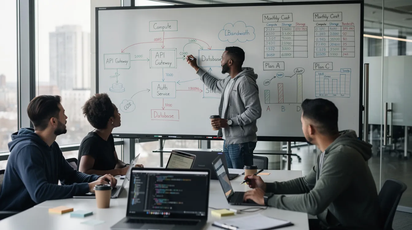 A diverse team of developers is gathered around a whiteboard filled with architecture diagrams and pricing spreadsheets, discussing various options for their project, including the "windsurf plan" and "premium models." They appear engaged in a collaborative effort to optimize their approach to AI interaction and pricing structures, likely considering different plans and credit systems for their enterprise teams.