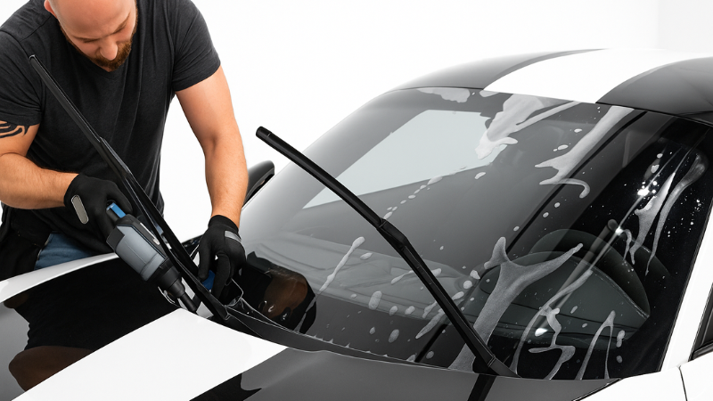 A mechanic is applyingg car's windshield protection film for otical clarity
