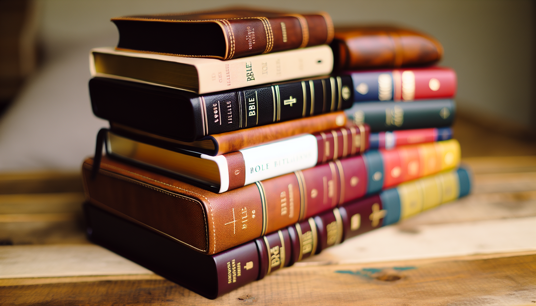 A stack of various Bible translations with different covers