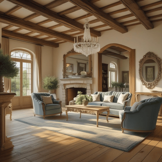 Elegant living room with vintage furniture, a crystal chandelier, a wooden ceiling, and large windows letting in natural light.