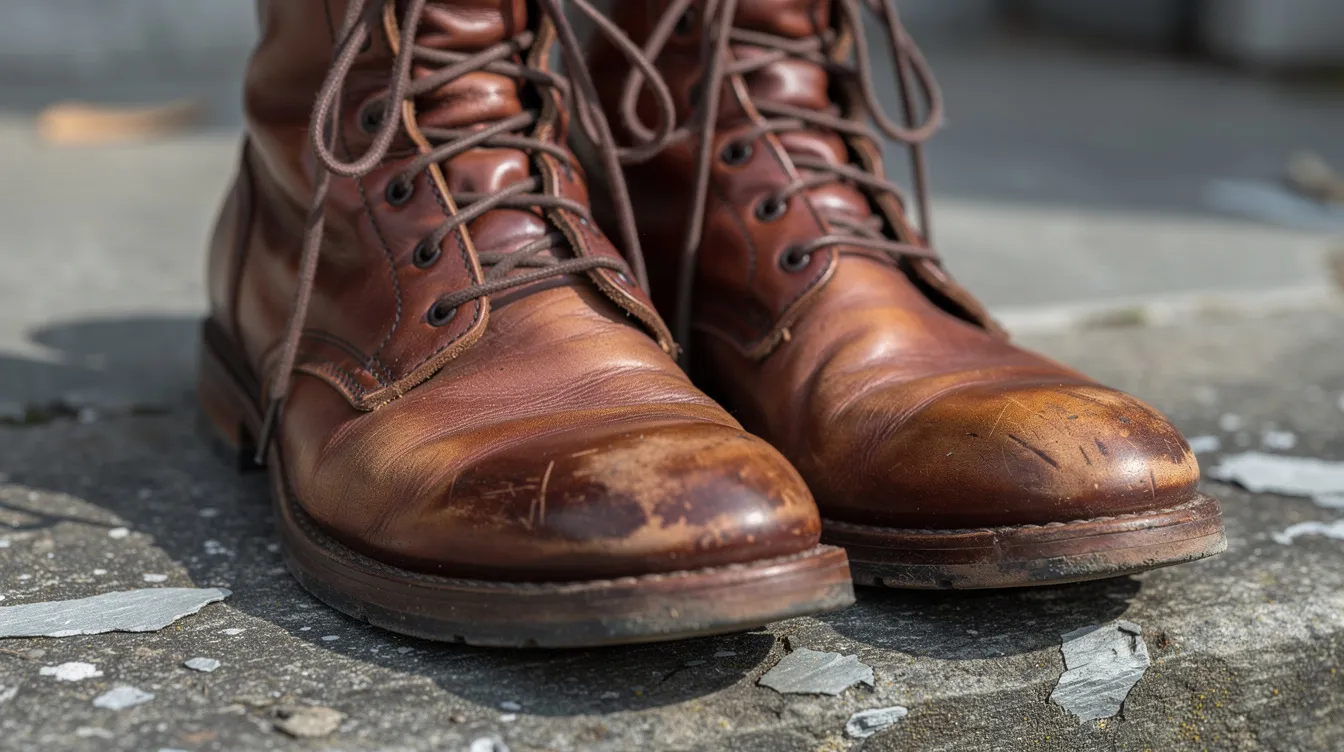 A pair of well-worn brown leather boots with a beautiful patina rests on a stone step, showcasing their durability and character. These comfortable boots, likely designed for walking, reflect a history of use and quality craftsmanship.