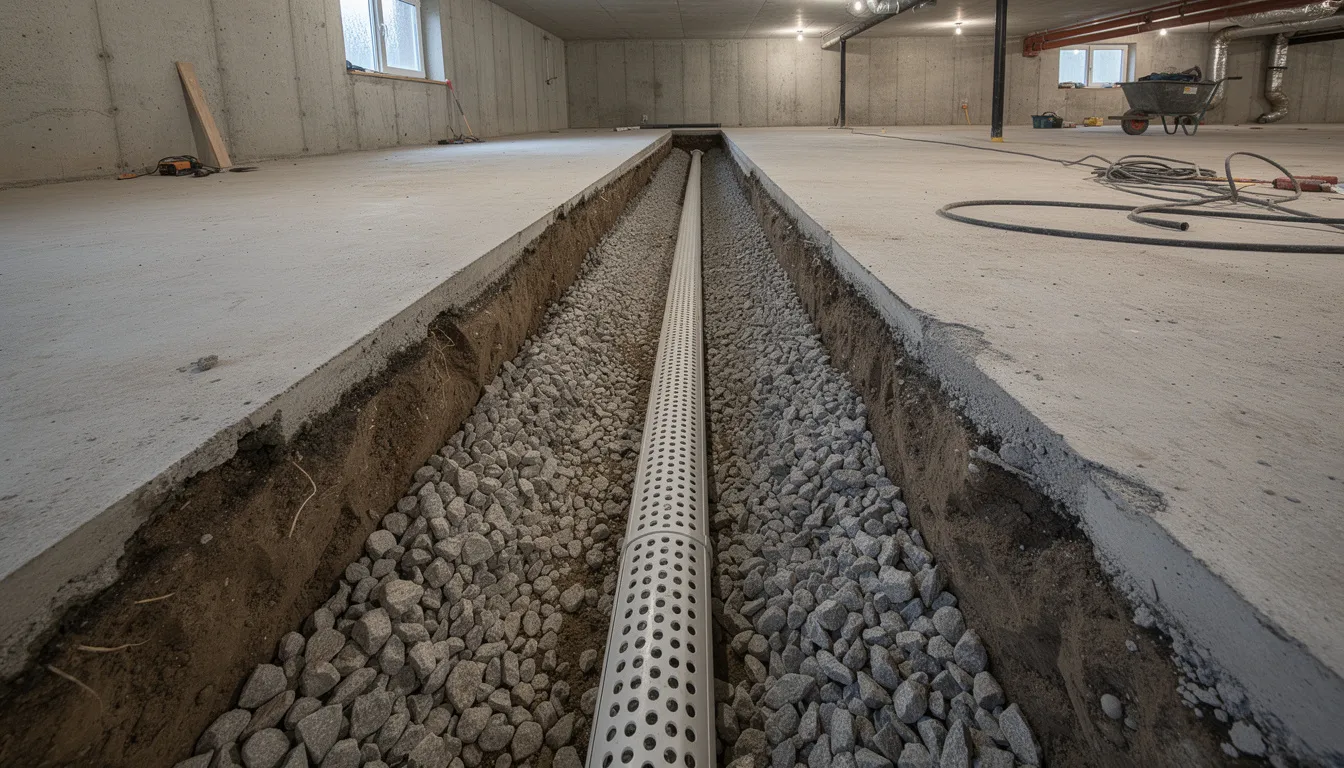 The image depicts an interior drain tile trench being installed along the perimeter of a basement, showcasing visible gravel and a perforated pipe designed to aid in basement waterproofing. This method helps protect the home's foundation from water infiltration and hydrostatic pressure, ensuring the basement remains dry and free from water damage.