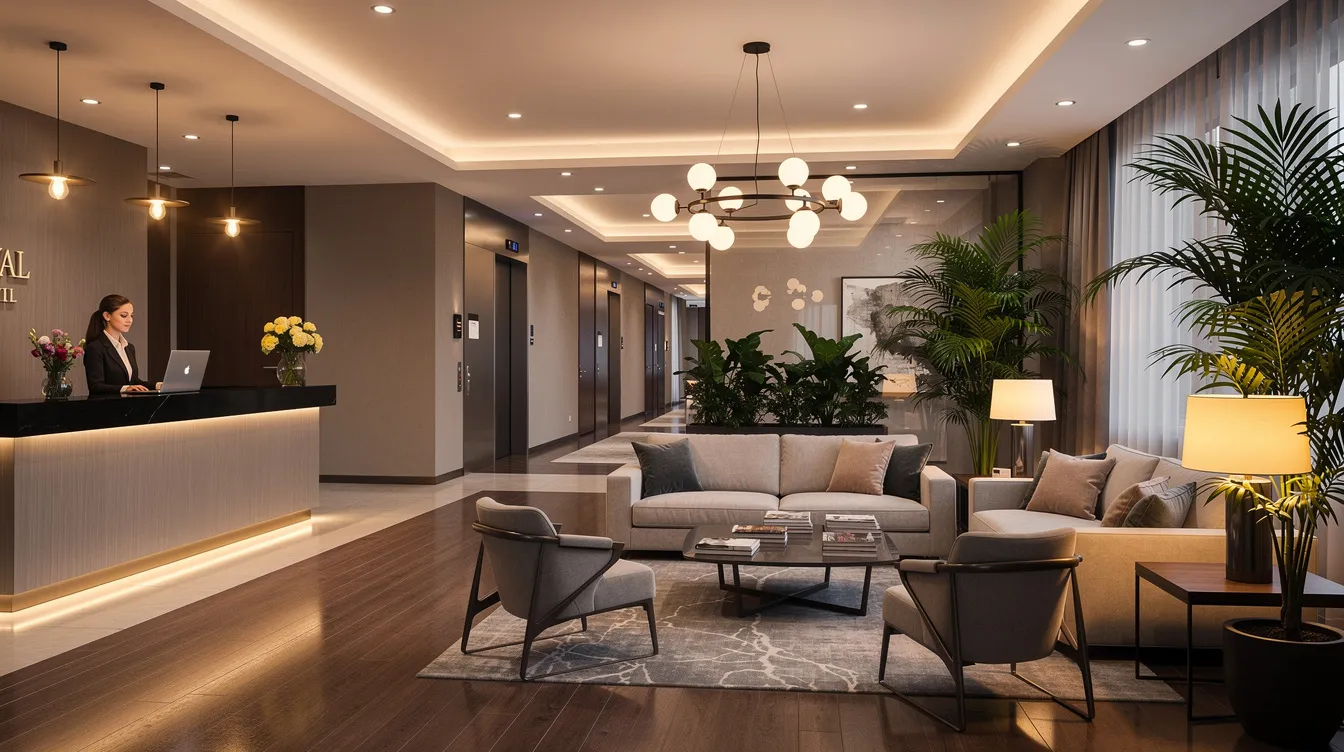 The image depicts a welcoming hotel lobby featuring a reception desk, a comfortable seating area with plush furniture, and warm, inviting lighting that enhances the luxurious atmosphere. This space is designed to provide a pleasant experience for customers, reflecting quality and hospitality in its stylish decor.
