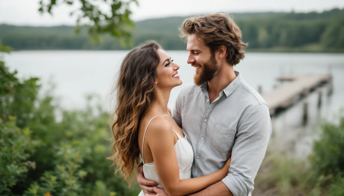 A couple enjoying their engagement photo session in a beautiful outdoor setting.