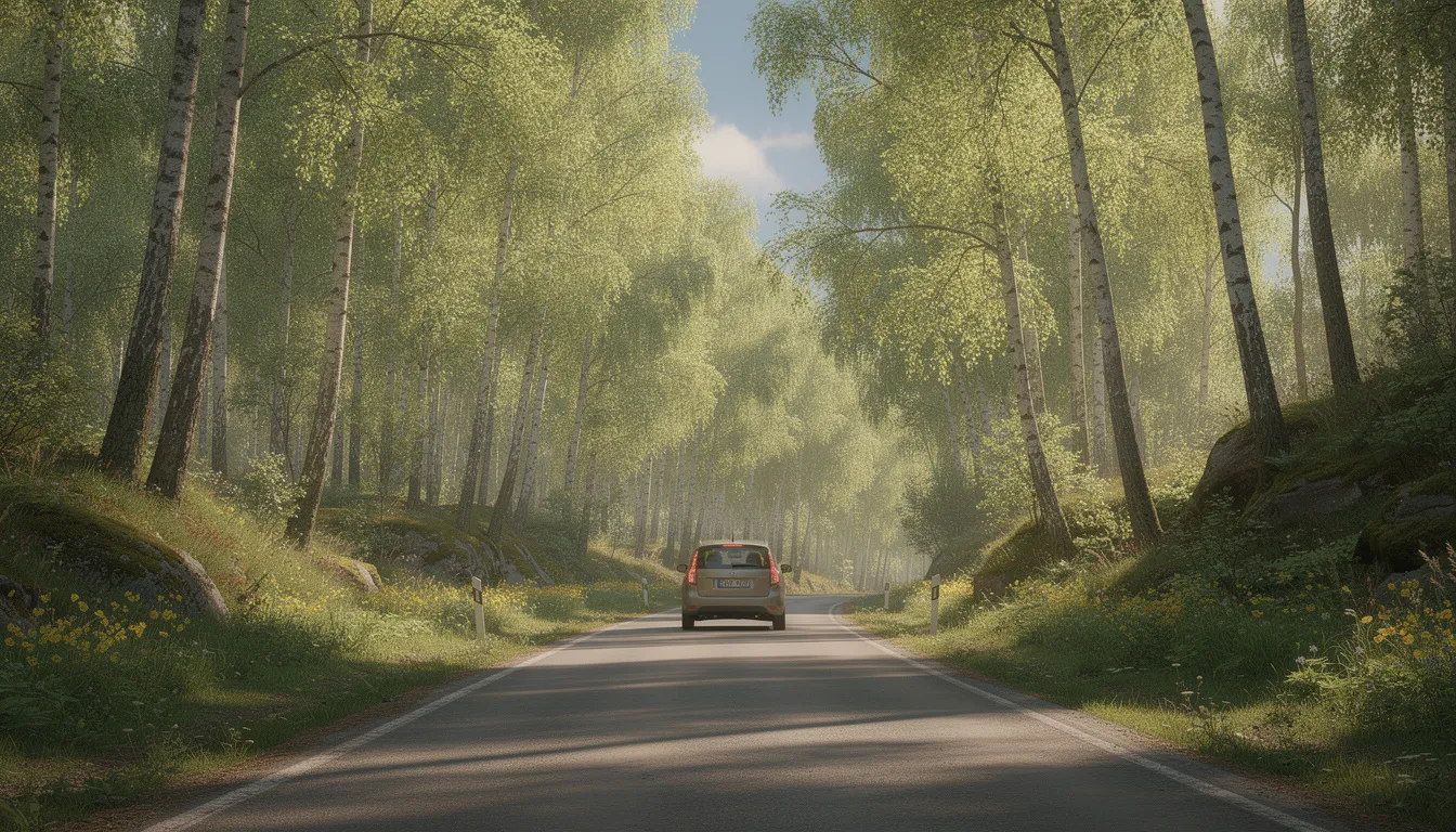 Une petite voiture de location traverse une route forestière en Suède, entourée de bouleaux verdoyants sous un ciel d'été. Ce paysage naturel évoque une aventure paisible à travers les forêts du grand nord.