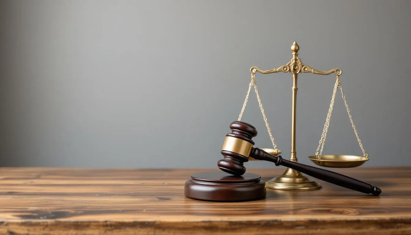 Een houten hamer en een set weegschalen staan ​​op un birou, wat symbol staat voor juridische autoriteit in het opleggen van sancties. Deze afbeelding vertegenwoordigt de principes van internationale vrede en de regelgeving rondom economische sancties door instellingen zoals de Verenigde Naties en de Europese Unie.