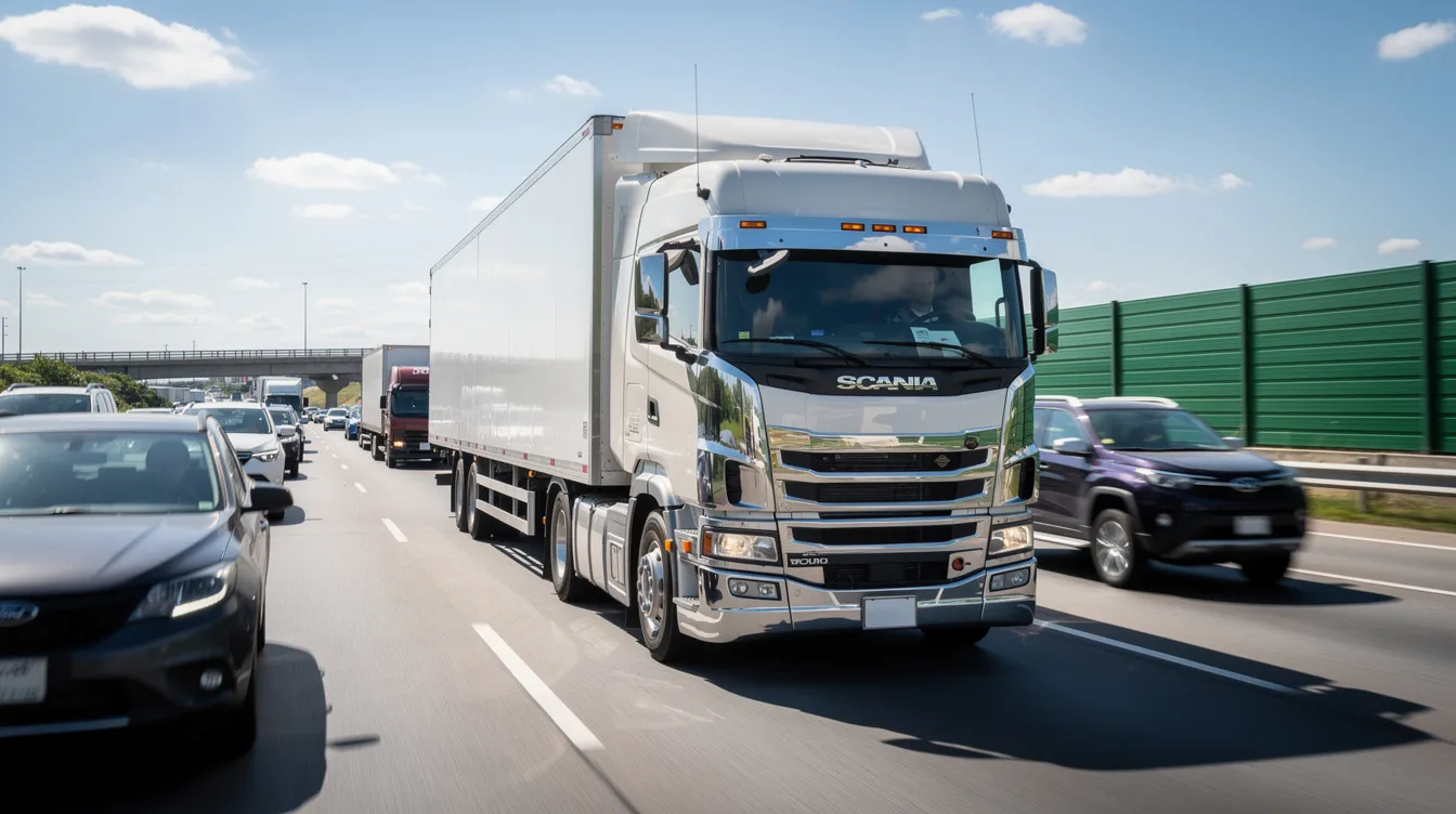 A large semi-truck is seen driving on a busy highway during daytime, surrounded by other vehicles. This scene highlights the common occurrence of truck accidents on highways, which can involve serious injuries and often require the expertise of a truck accident lawyer for victims seeking fair compensation.