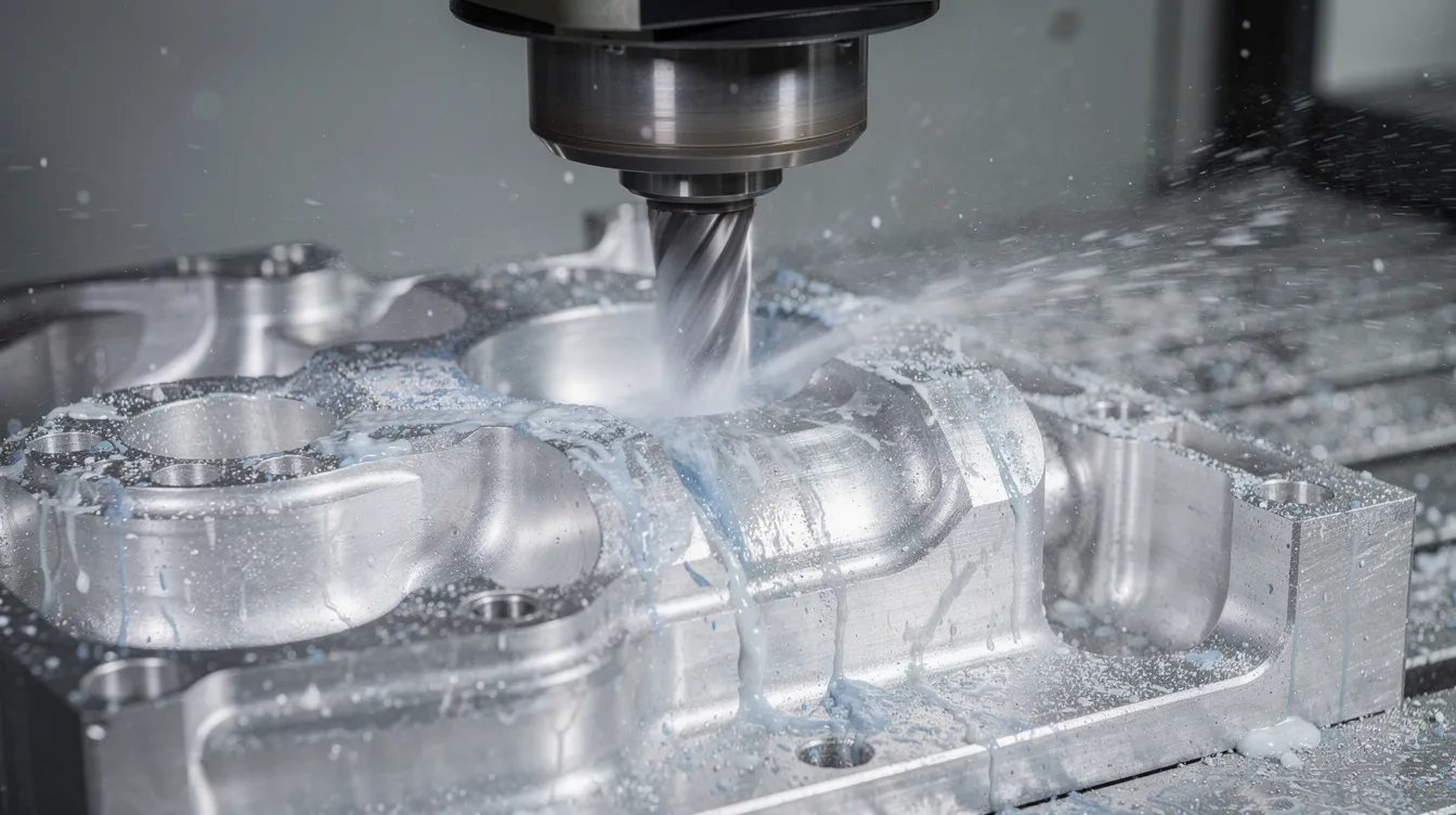 A close-up view of a five-axis CNC milling machine actively cutting a complex metal part, with a visible spray of coolant enhancing the machining process. This advanced CNC machine is designed for small batch CNC machining, ensuring precision and tight tolerances in the production of custom machined aluminum parts.