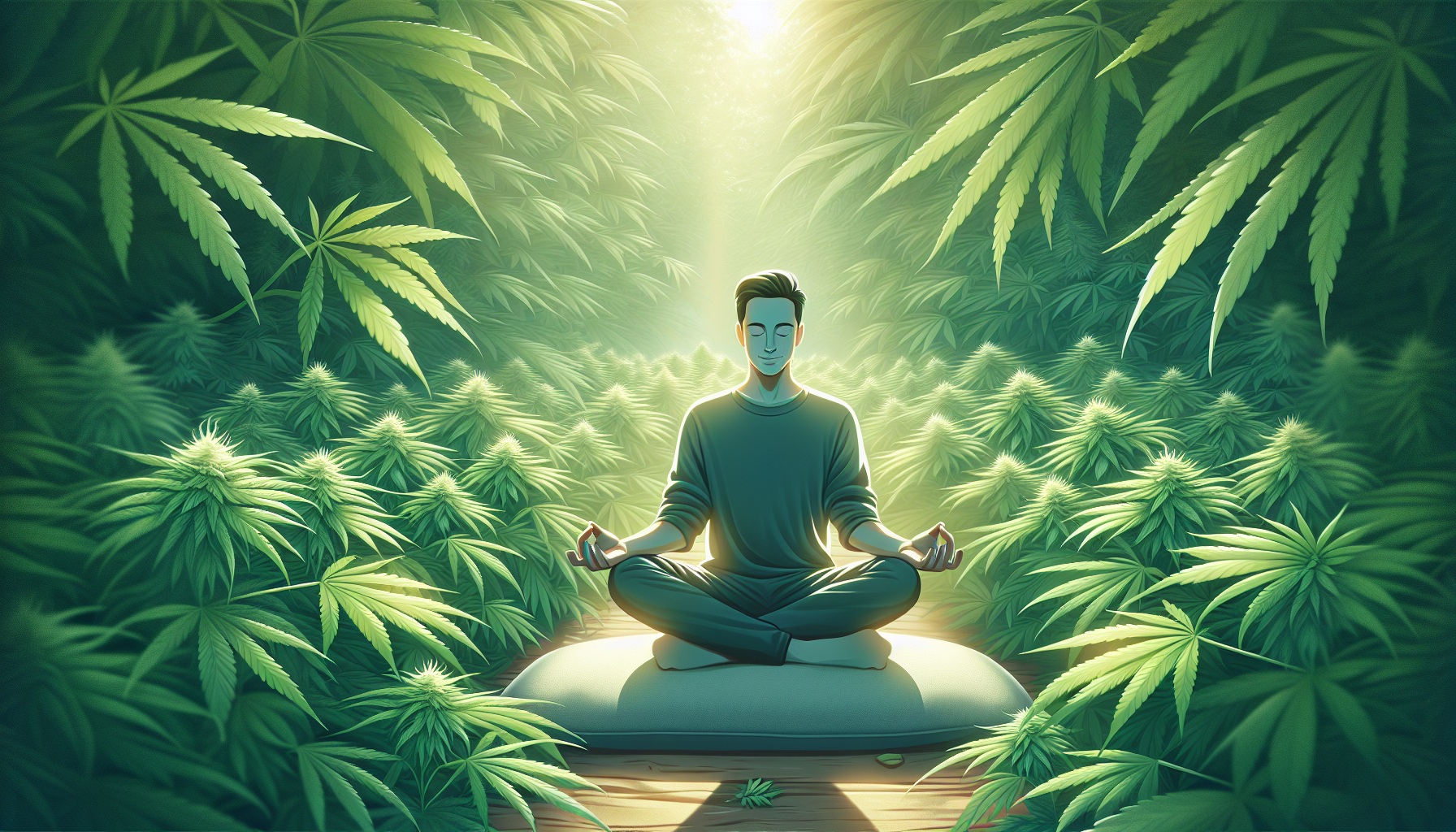 An artistic representation of the benefits of microdosing cannabis, showing a person meditating surrounded by cannabis plants.