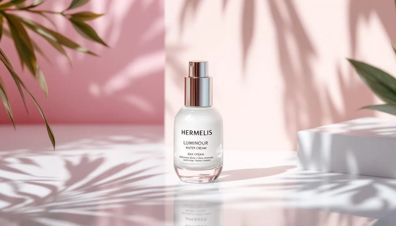 A serene setting with the Hermelis Luminour Water Cream prominently displayed, suggesting its benefits for skin hydration.