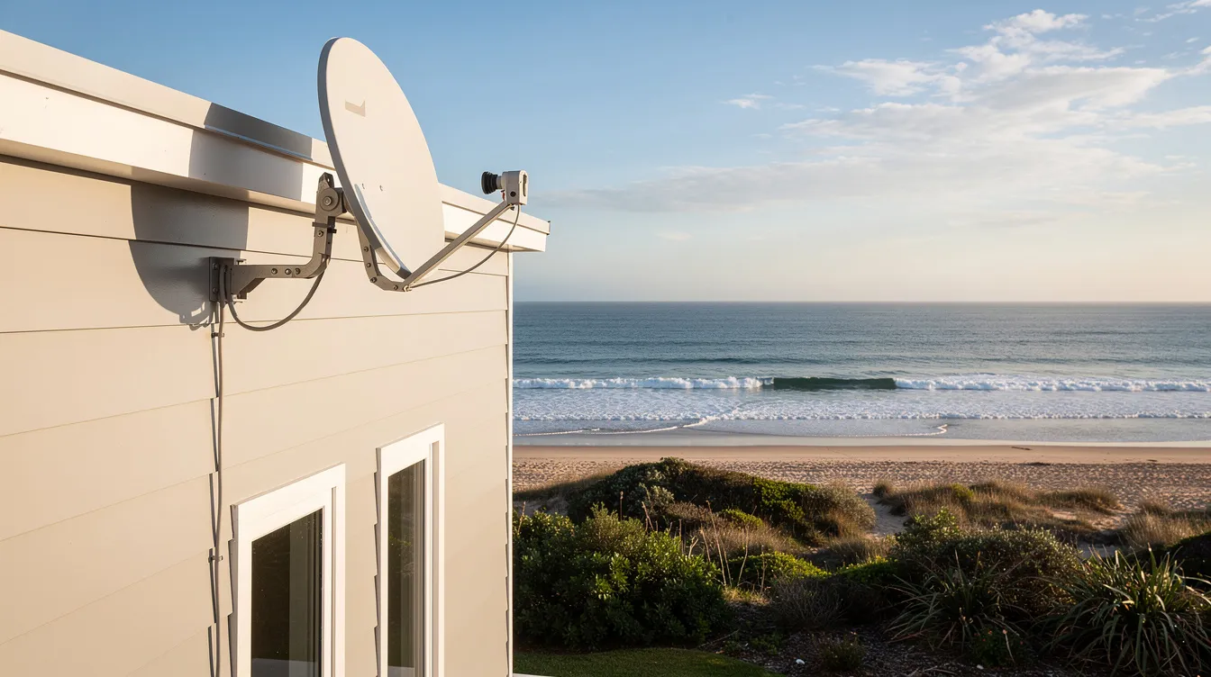 A satellite dish is mounted on the roof of a coastal home, overlooking stunning ocean views in the background. This installation highlights the importance of professional DSTV installation services, ensuring uninterrupted entertainment for residents in Kommetjie.