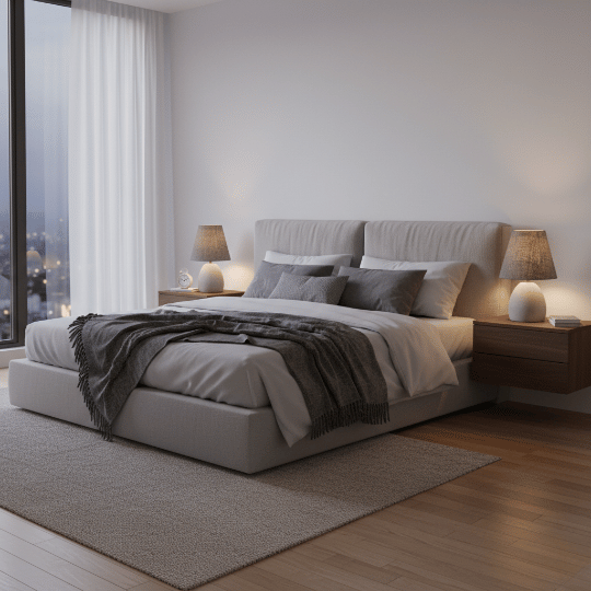 Bedside table lamps with warm shades creating soft, balanced bedroom lighting on both sides of the bed.