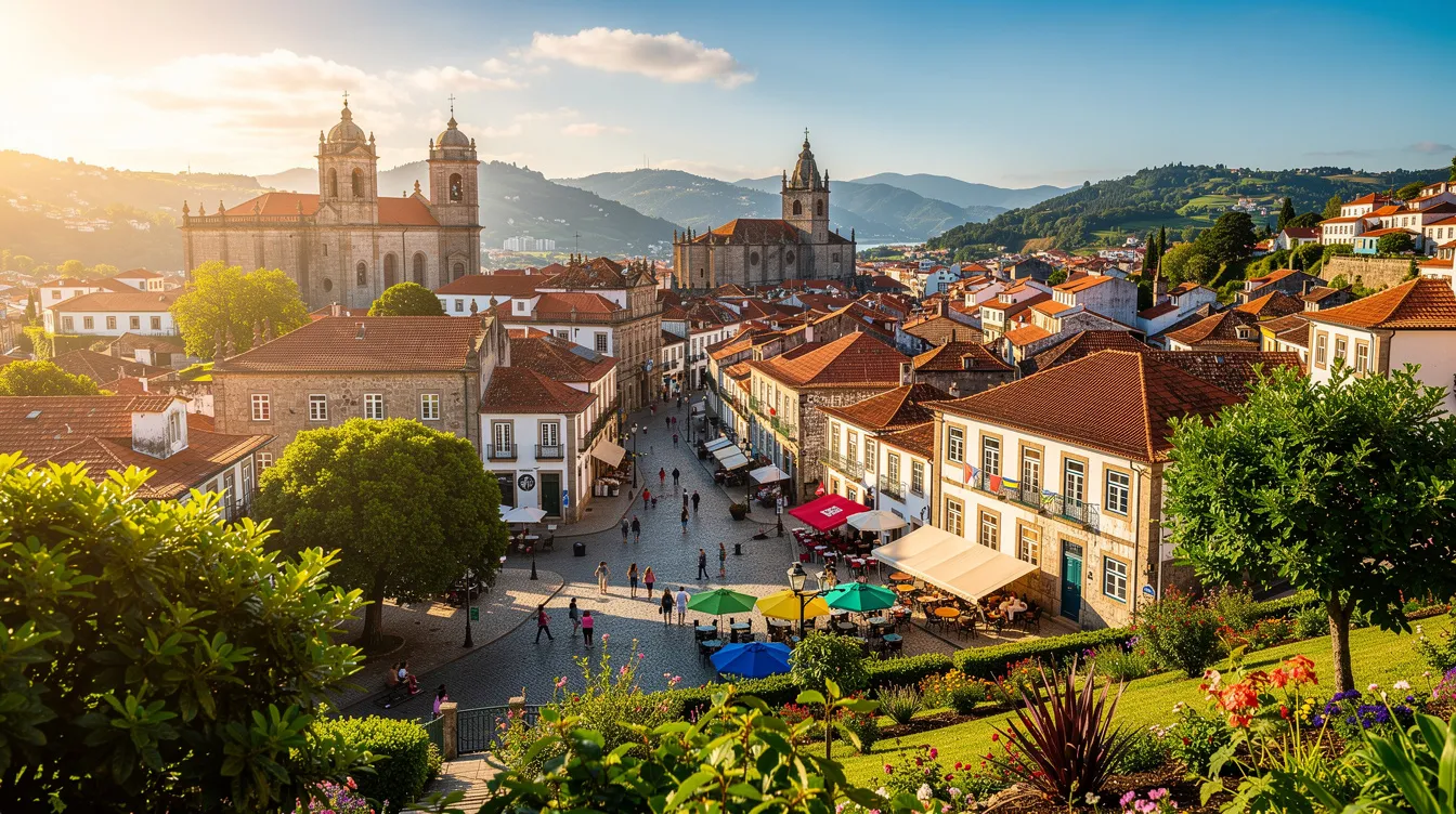 A imagem retrata uma bela vista de Braga, em Portugal, durante o verão, com suas ruas históricas e arquitetura encantadora. Ao fundo, pode-se ver colinas verdes e um céu azul claro, criando uma paisagem vibrante e convidativa.